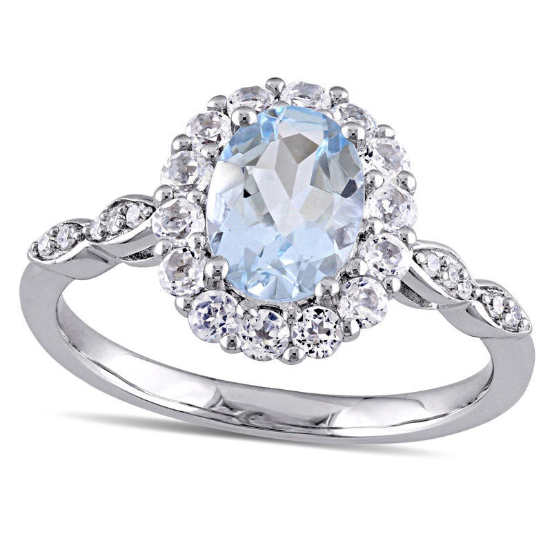 Image of ID 1 Oval Aquamarine White Topaz and Natural Diamond Accent Frame Ring in Solid 14K White Gold
