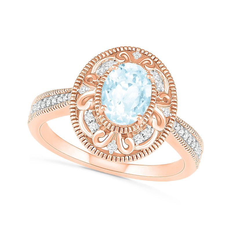 Image of ID 1 Oval Aquamarine and 013 CT TW Natural Diamond Scroll Frame Tapered Shank Antique Vintage-Style Ring in Solid 10K Rose Gold