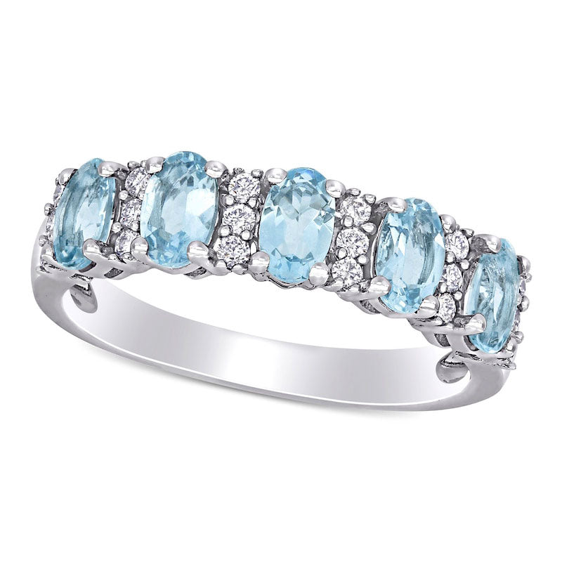 Image of ID 1 Oval Aquamarine and 017 CT TW Natural Diamond Five Stone Ring in Solid 14K White Gold