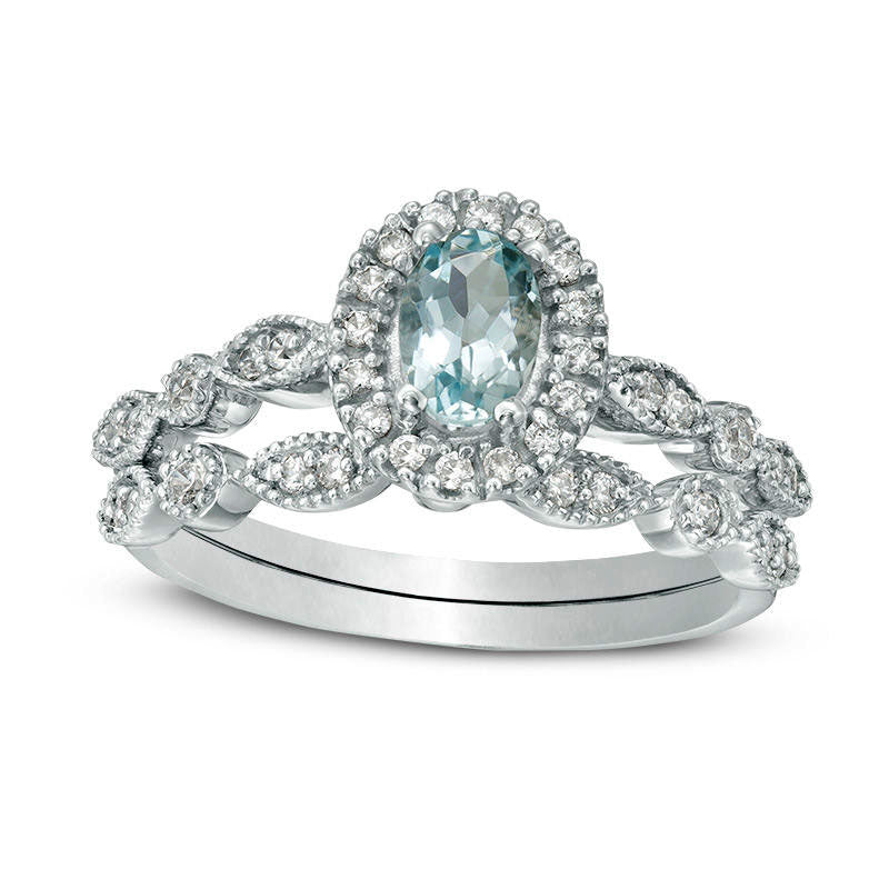 Image of ID 1 Oval Aquamarine and 020 CT TW Natural Diamond Frame Antique Vintage-Style Bridal Engagement Ring Set in Solid 10K White Gold