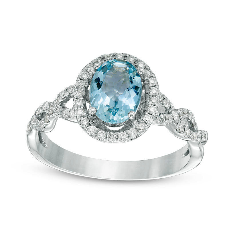 Image of ID 1 Oval Aquamarine and 020 CT TW Natural Diamond Frame Twist Shank Ring in Solid 14K White Gold - Size 7