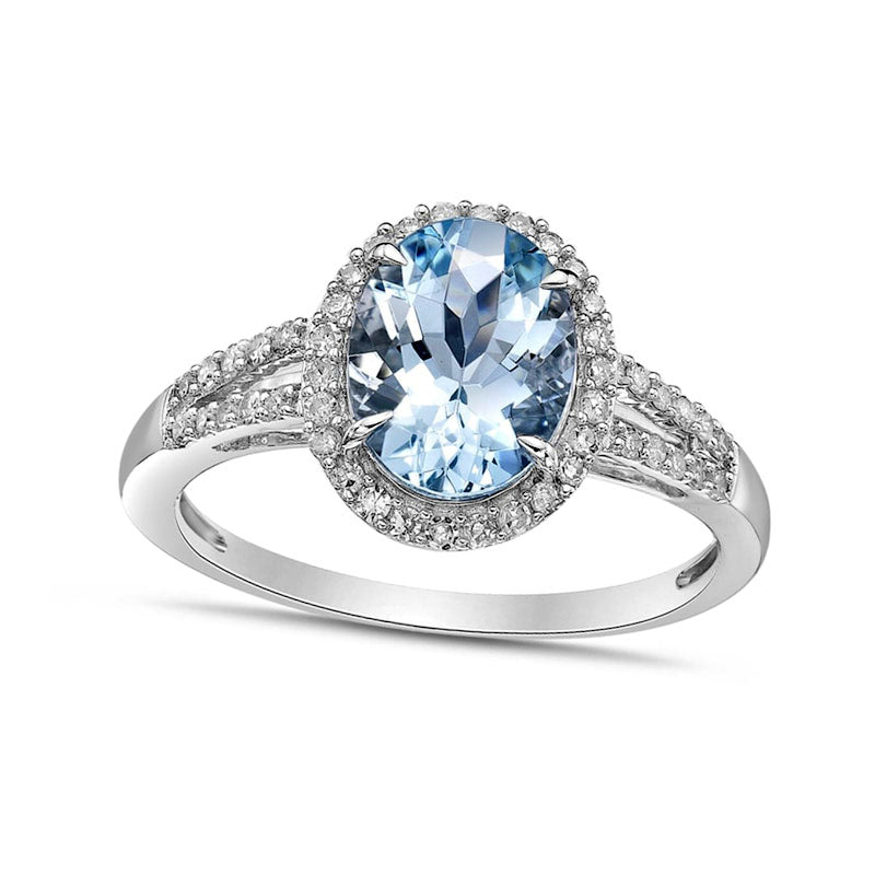 Image of ID 1 Oval Aquamarine and 025 CT TW Natural Diamond Frame Split Shank Ring in Solid 10K White Gold