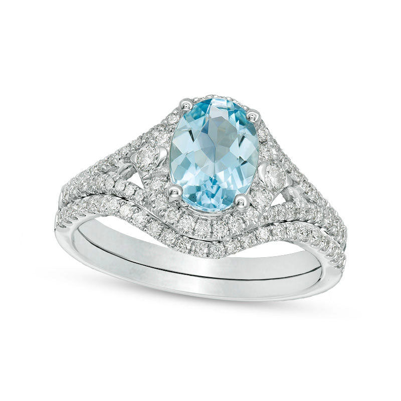 Image of ID 1 Oval Aquamarine and 050 CT TW Natural Diamond Frame Bridal Engagement Ring Set in Solid 14K White Gold