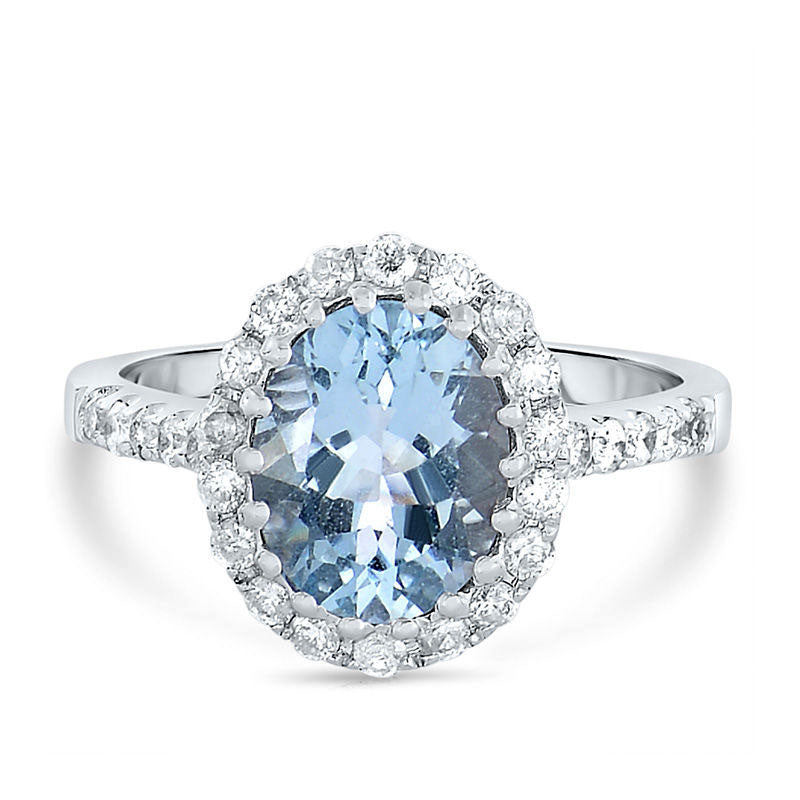 Image of ID 1 Oval Aquamarine and 050 CT TW Natural Diamond Frame Ring in Solid 14K White Gold