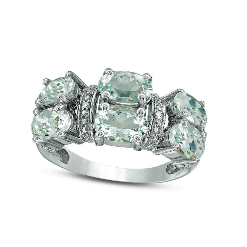 Image of ID 1 Oval Aquamarine and Natural Diamond Accent Six Stone Ring in Solid 10K White Gold