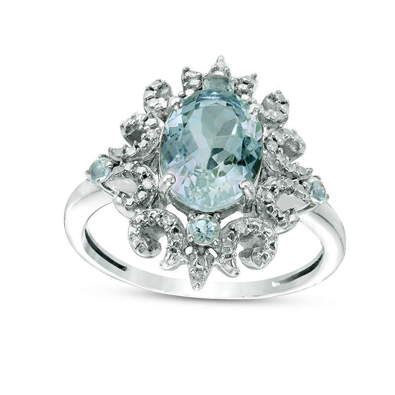 Image of ID 1 Oval Aquamarine and Natural Diamond Accent Sunburst Frame Ring in Solid 10K White Gold