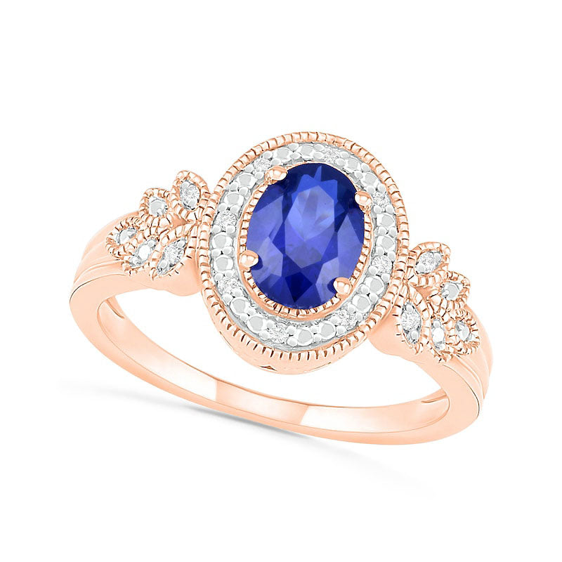 Image of ID 1 Oval Blue Lab-Created Sapphire and 005 CT TW Diamond Frame Leaf-Sides Triple Row Antique Vintage-Style Ring in Solid 10K Rose Gold