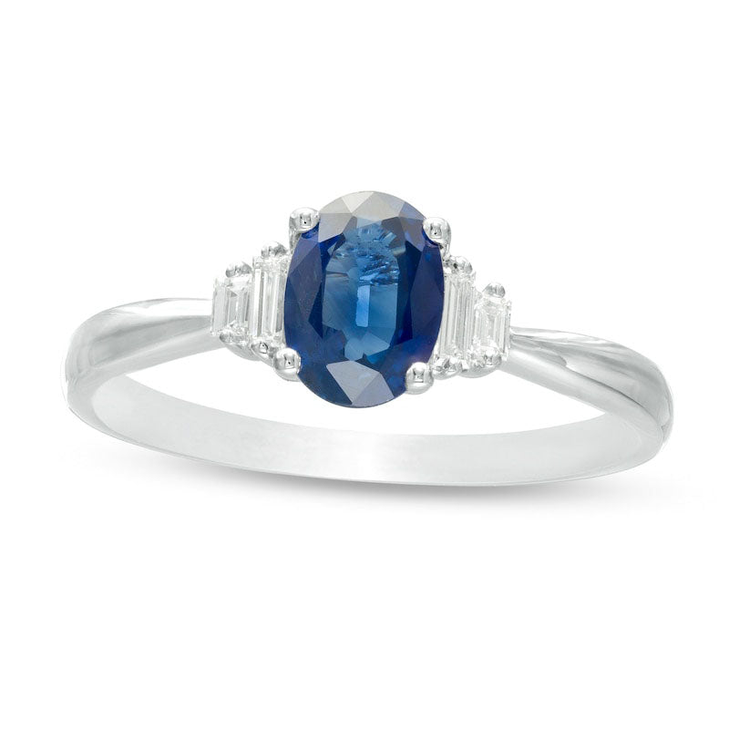 Image of ID 1 Oval Blue Sapphire and 005 CT TW Baguette Natural Diamond Stepped Collar Ring in Solid 10K White Gold