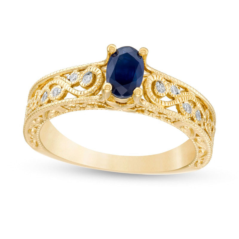 Image of ID 1 Oval Blue Sapphire and 005 CT TW Natural Diamond Scroll Open Shank Antique Vintage-Style Ring in Solid 10K Yellow Gold