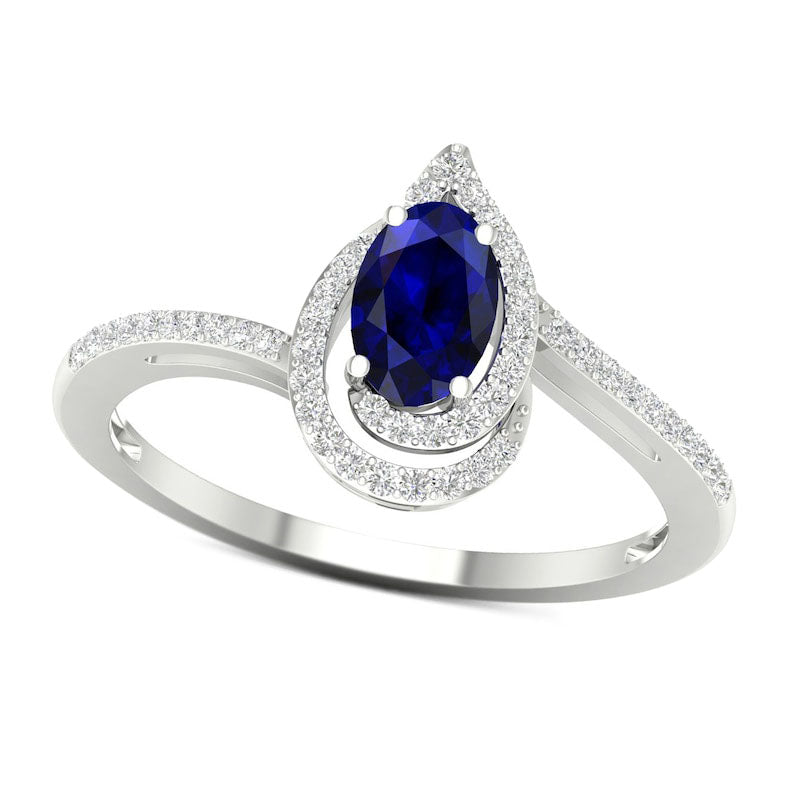 Image of ID 1 Oval Blue Sapphire and 010 CT TW Natural Diamond Flame Spiral Frame Ring in Solid 10K White Gold