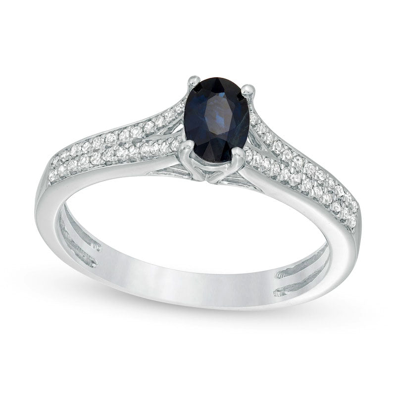 Image of ID 1 Oval Blue Sapphire and 013 CT TW Natural Diamond Double Row Split Shank Ring in Solid 10K White Gold