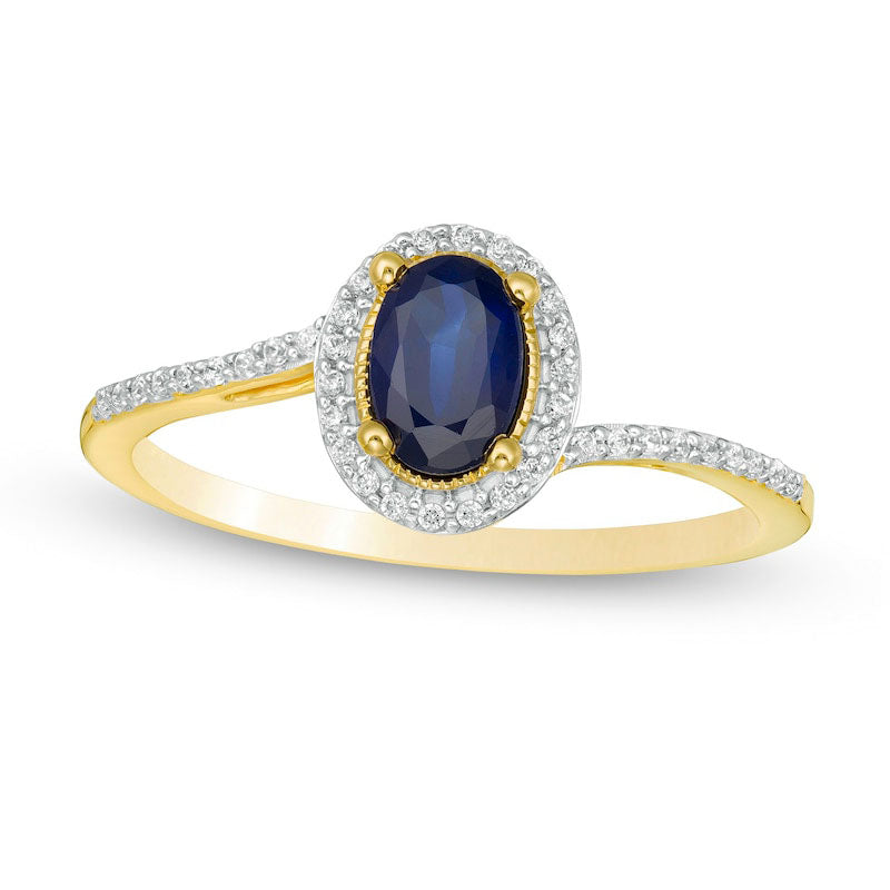 Image of ID 1 Oval Blue Sapphire and 013 CT TW Natural Diamond Frame Bypass Ring in Solid 10K Yellow Gold