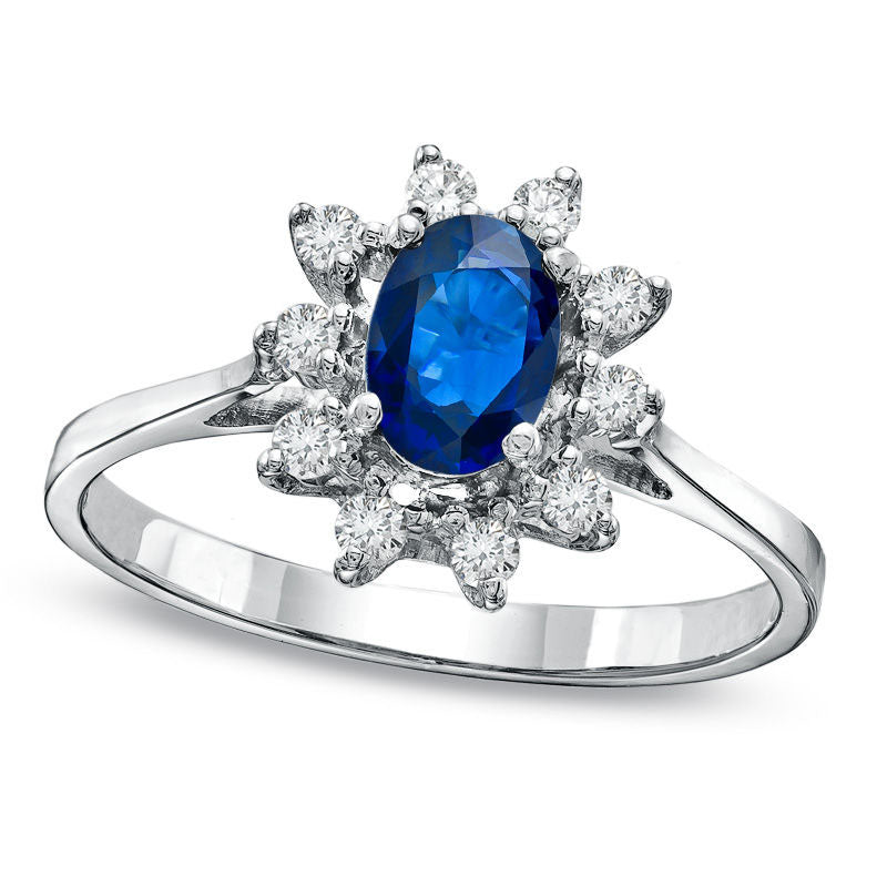 Image of ID 1 Oval Blue Sapphire and 014 CT TW Natural Diamond Frame Engagement Ring in Solid 14K White Gold