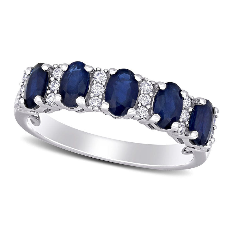 Image of ID 1 Oval Blue Sapphire and 017 CT TW Natural Diamond Five Stone Ring in Solid 14K White Gold