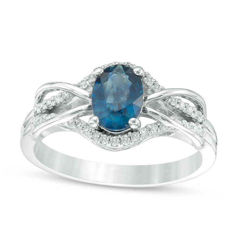 Image of ID 1 Oval Blue Sapphire and 017 CT TW Natural Diamond Loop Overlay Ring in Solid 10K White Gold