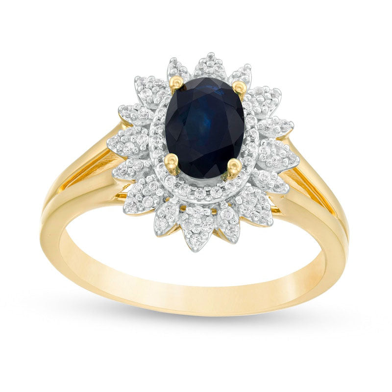 Image of ID 1 Oval Blue Sapphire and 020 CT TW Natural Diamond Flower Frame Split Shank Ring in Solid 10K Yellow Gold