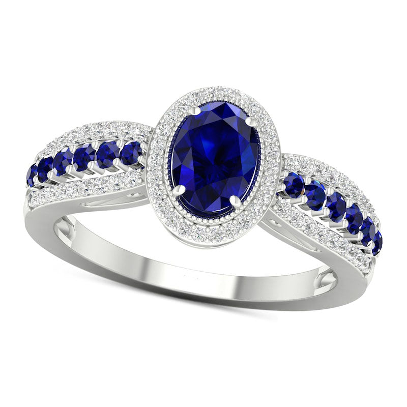 Image of ID 1 Oval Blue Sapphire and 020 CT TW Natural Diamond Frame Ring in Solid 10K White Gold