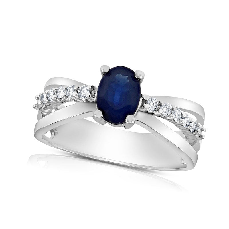 Image of ID 1 Oval Blue Sapphire and 020 CT TW Natural Diamond Triple Row Split Shank Ring in Solid 14K White Gold