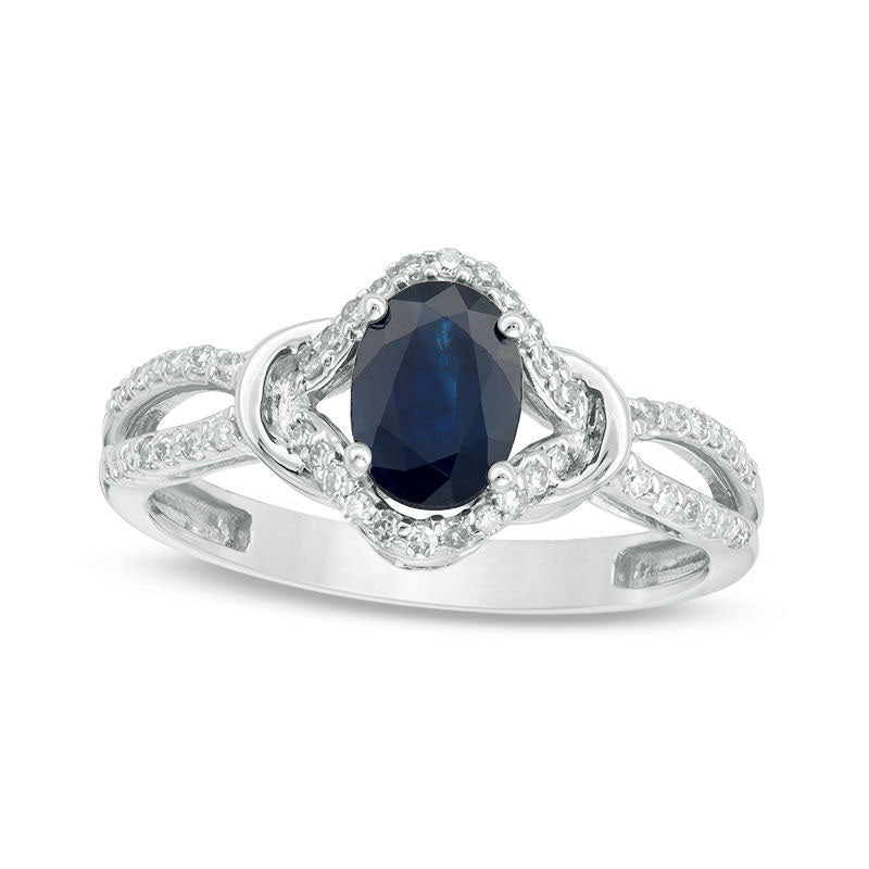 Image of ID 1 Oval Blue Sapphire and 020 CT TW Natural Diamond Wrapped Open Shank Ring in Solid 10K White Gold