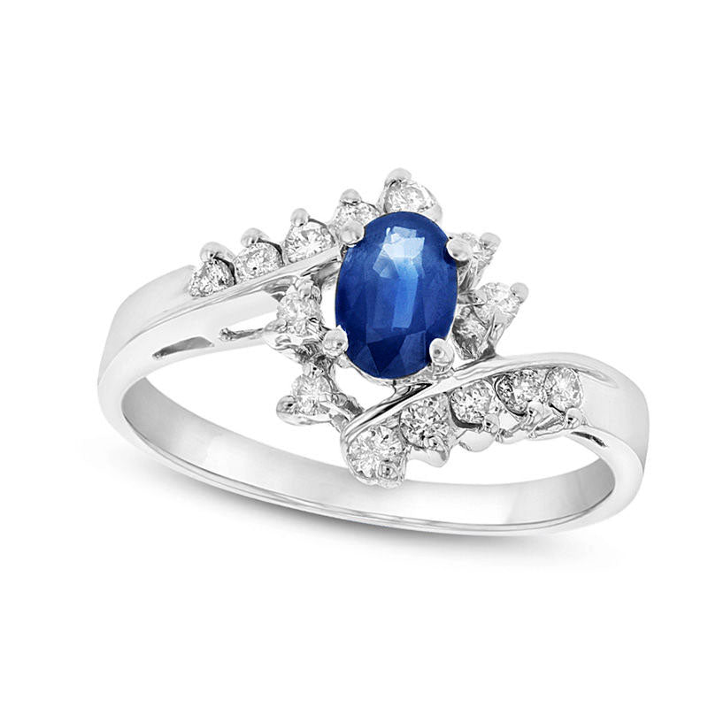 Image of ID 1 Oval Blue Sapphire and 025 CT TW Natural Diamond Bypass Ring in Solid 14K White Gold
