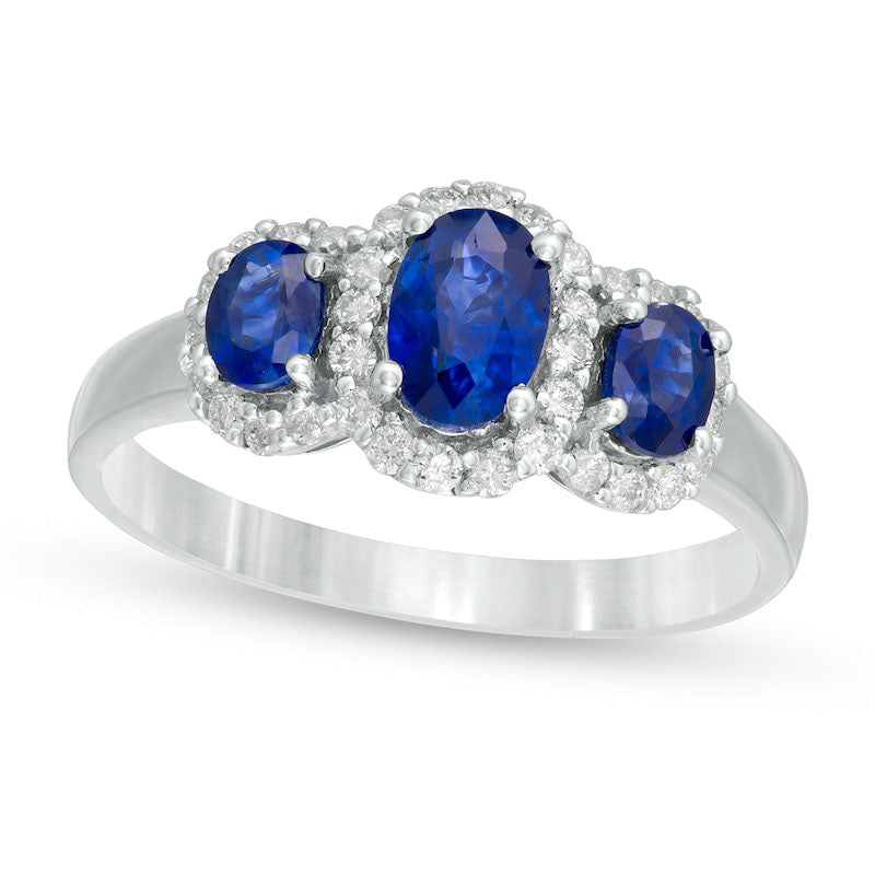 Image of ID 1 Oval Blue Sapphire and 025 CT TW Natural Diamond Frame Three Stone Ring in Solid 14K White Gold