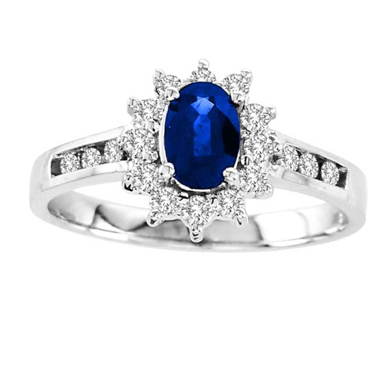 Image of ID 1 Oval Blue Sapphire and 025 CT TW Natural Diamond Ring in Solid 14K White Gold
