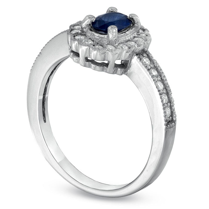 Image of ID 1 Oval Blue Sapphire and 025 CT TW Natural Diamond Scallop Frame Engagement Ring in Solid 14K White Gold