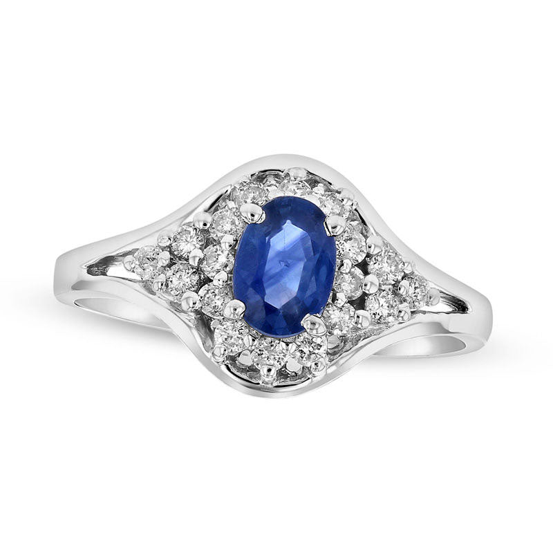Image of ID 1 Oval Blue Sapphire and 025 CT TW Natural Diamond Split Shank Ring in Solid 14K White Gold
