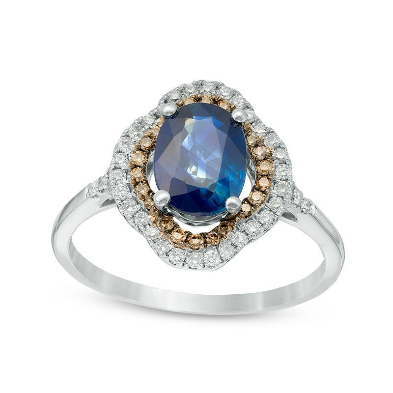 Image of ID 1 Oval Blue Sapphire and 033 CT TW Champagne and White Natural Diamond Scalloped Double Frame Ring in Solid 14K White Gold (I/I2)