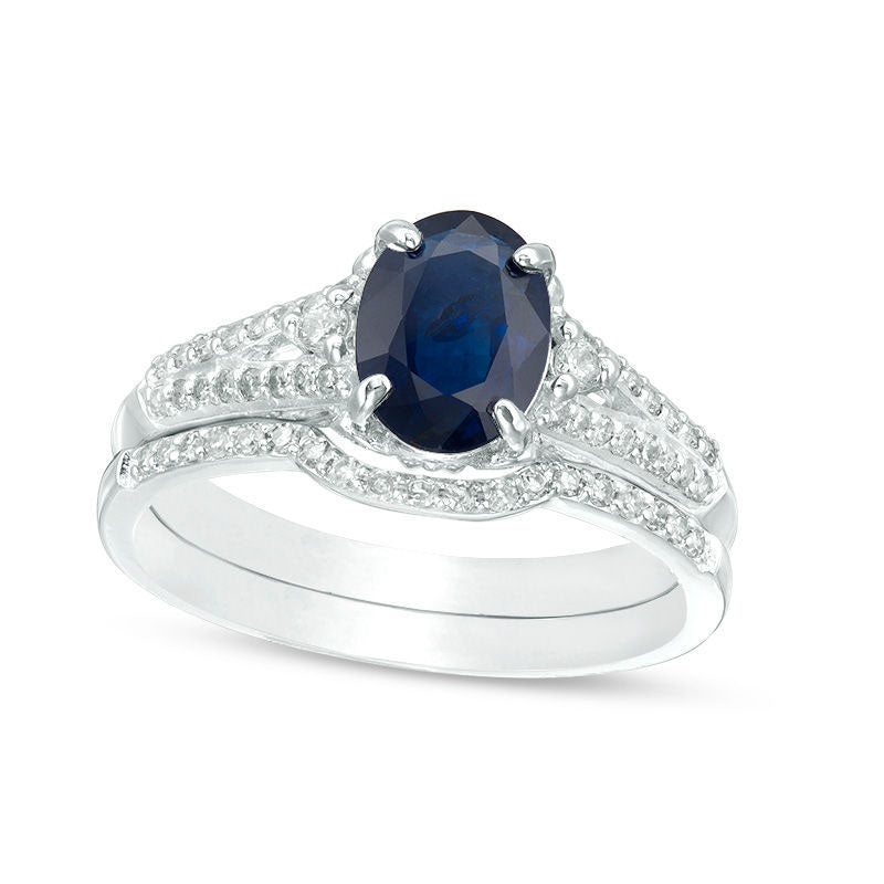 Image of ID 1 Oval Blue Sapphire and 033 CT TW Natural Diamond Bridal Engagement Ring Set in Solid 14K White Gold
