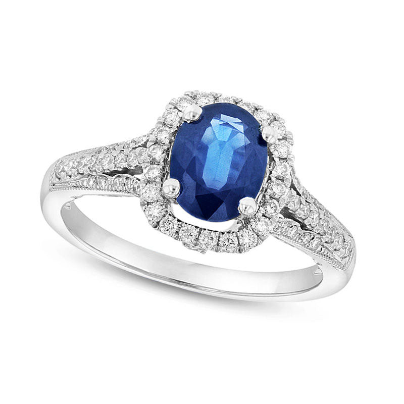 Image of ID 1 Oval Blue Sapphire and 033 CT TW Natural Diamond Cushion Frame Ring in Solid 14K White Gold