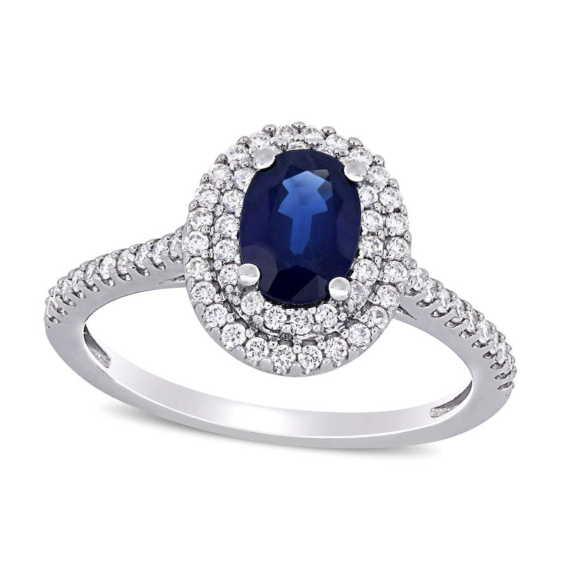 Image of ID 1 Oval Blue Sapphire and 033 CT TW Natural Diamond Double Frame Ring in Solid 14K White Gold