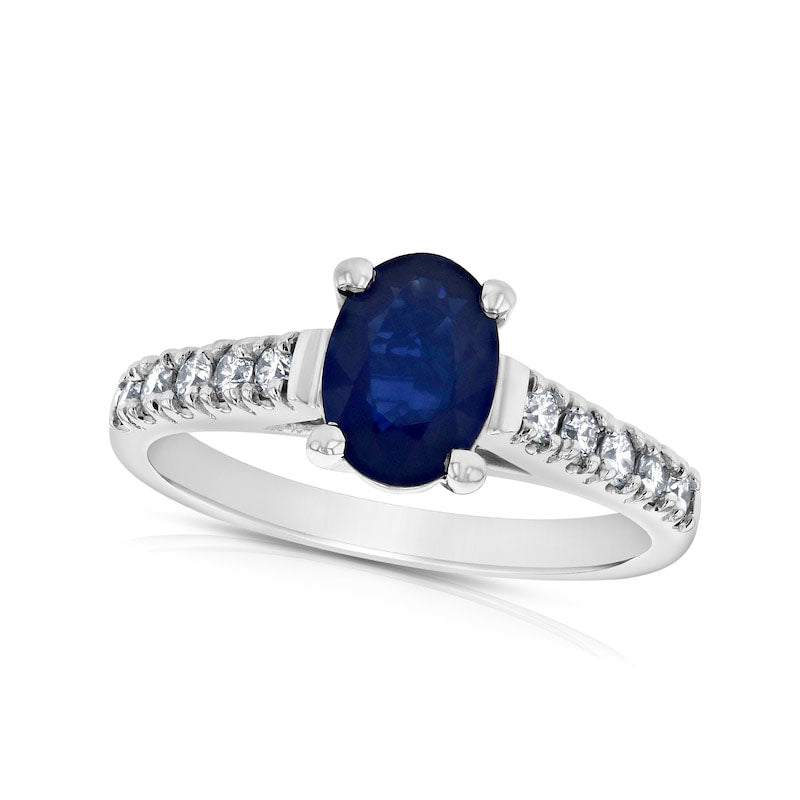 Image of ID 1 Oval Blue Sapphire and 033 CT TW Natural Diamond Engagement Ring in Solid 14K White Gold