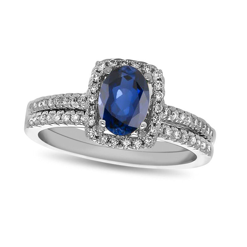 Image of ID 1 Oval Blue Sapphire and 033 CT TW Natural Diamond Frame Bridal Engagement Ring Set in Solid 14K White Gold