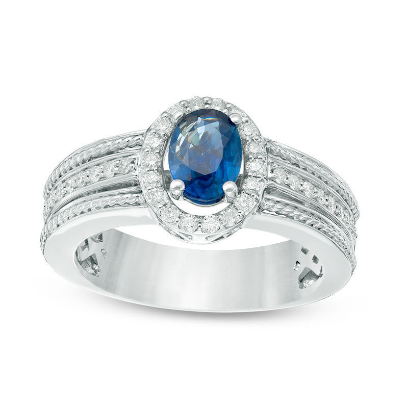 Image of ID 1 Oval Blue Sapphire and 033 CT TW Natural Diamond Frame Rope Ring in Solid 14K White Gold (H/I1)