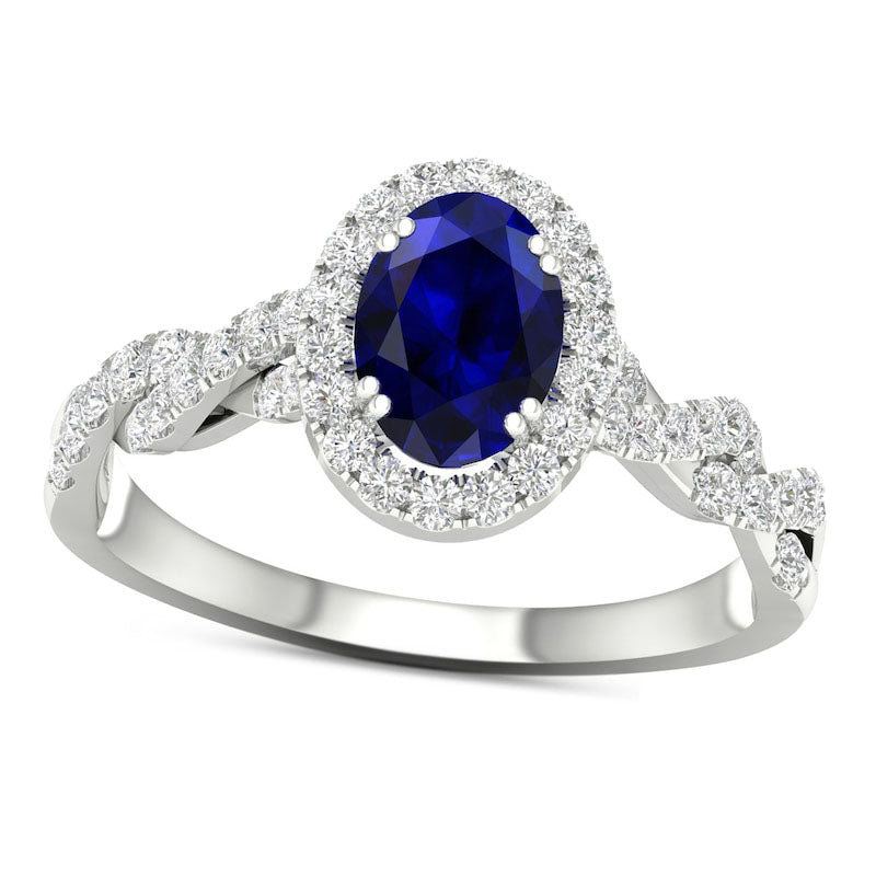 Image of ID 1 Oval Blue Sapphire and 033 CT TW Natural Diamond Frame Twist Shank Ring in Solid 10K White Gold