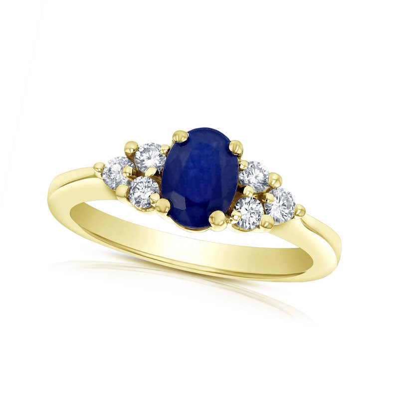 Image of ID 1 Oval Blue Sapphire and 033 CT TW Natural Diamond Tri-Sides Engagement Ring in Solid 14K Gold