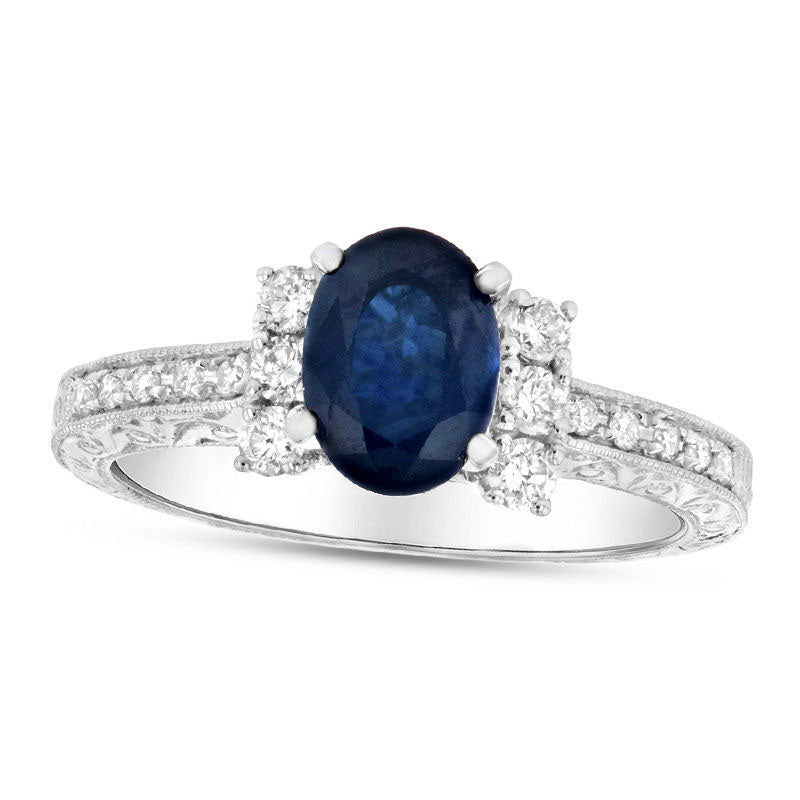 Image of ID 1 Oval Blue Sapphire and 033 CT TW Natural Diamond Trio Collar Antique Vintage-Style Engagement Ring in Solid 14K White Gold