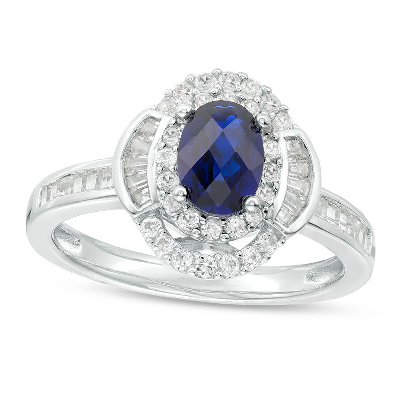 Image of ID 1 Oval Blue Sapphire and 038 CT TW Natural Diamond Double Frame Collar Ring in Solid 10K White Gold