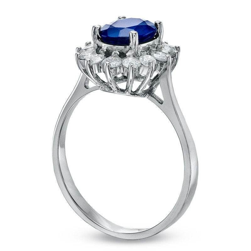 Image of ID 1 Oval Blue Sapphire and 038 CT TW Natural Diamond Frame Engagement Ring in Solid 14K White Gold