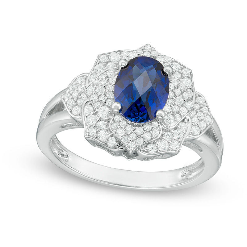 Image of ID 1 Oval Blue Sapphire and 038 CT TW Natural Diamond Layered Petal Flower Ring in Solid 10K White Gold