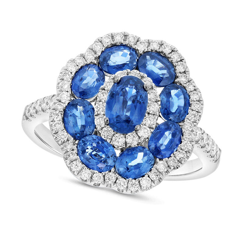 Image of ID 1 Oval Blue Sapphire and 038 CT TW Natural Diamond Scallop Frame Flower Ring in Solid 14K White Gold