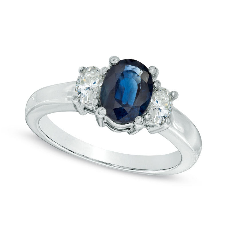 Image of ID 1 Oval Blue Sapphire and 038 CT TW Natural Diamond Three Stone Ring in Solid 14K White Gold