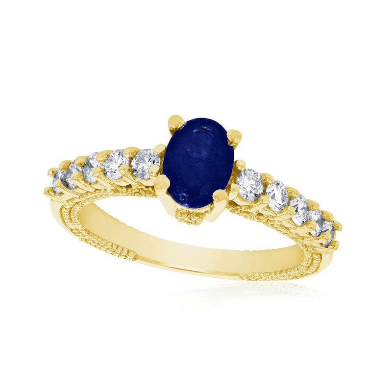 Image of ID 1 Oval Blue Sapphire and 050 CT TW Natural Diamond Antique Vintage-Style Engagement Ring in Solid 14K Gold