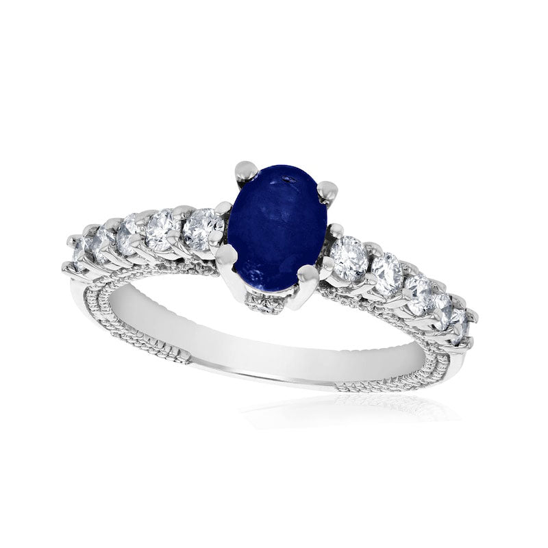 Image of ID 1 Oval Blue Sapphire and 050 CT TW Natural Diamond Beaded Outer Edge Antique Vintage-Style Engagement Ring in Solid 14K White Gold