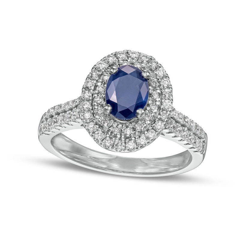 Image of ID 1 Oval Blue Sapphire and 050 CT TW Natural Diamond Double Row Ring in Solid 14K White Gold