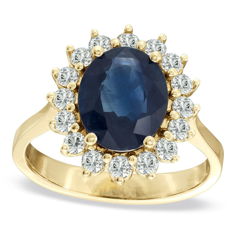 Image of ID 1 Oval Blue Sapphire and 050 CT TW Natural Diamond Frame Engagement Ring in Solid 14K Gold