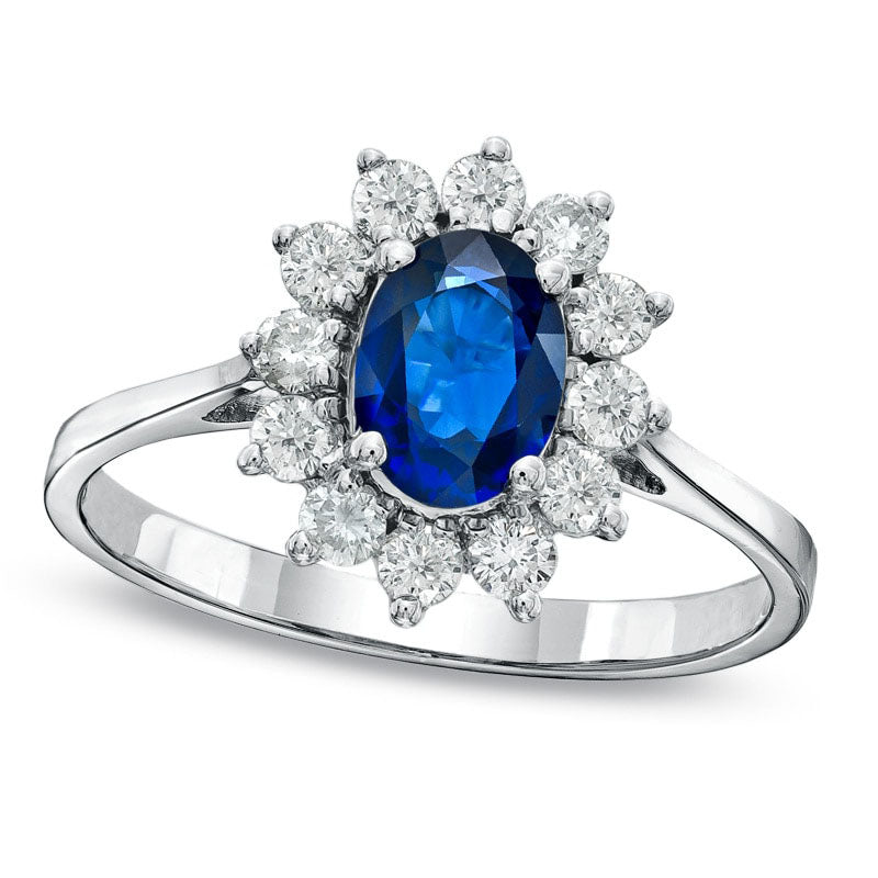 Image of ID 1 Oval Blue Sapphire and 050 CT TW Natural Diamond Frame Engagement Ring in Solid 14K White Gold
