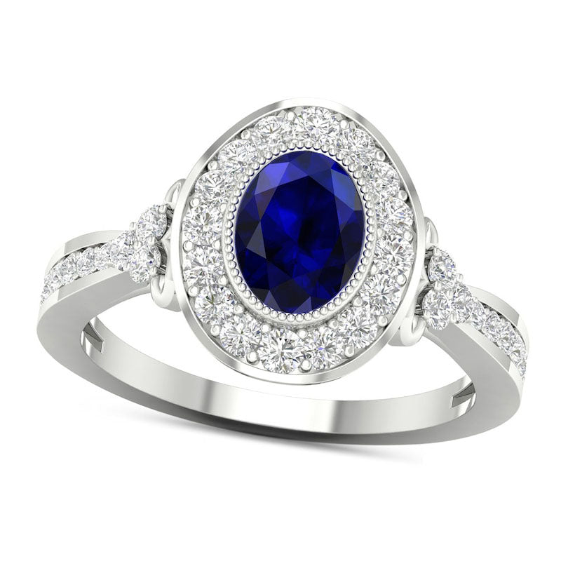 Image of ID 1 Oval Blue Sapphire and 050 CT TW Natural Diamond Frame Tri-Sides Antique Vintage-Style Ring in Solid 10K White Gold