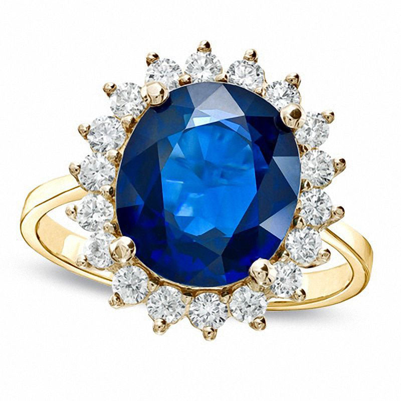 Image of ID 1 Oval Blue Sapphire and 063 CT TW Natural Diamond Frame Engagement Ring in Solid 14K Gold